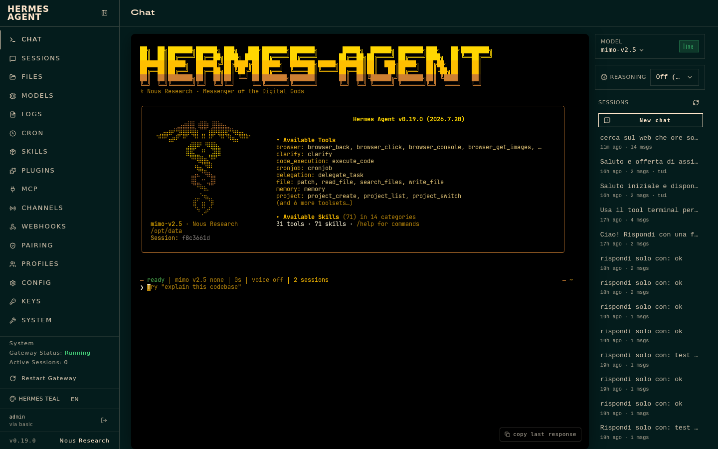 Schermata iniziale della chat di Hermes Agent con il banner ASCII e i tool disponibili