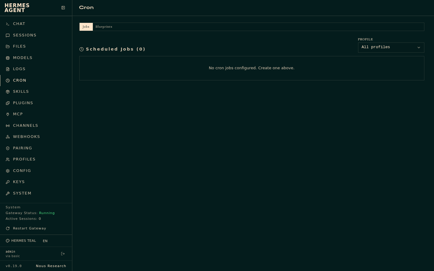 Sezione Cron della dashboard Hermes Agent, ancora vuota