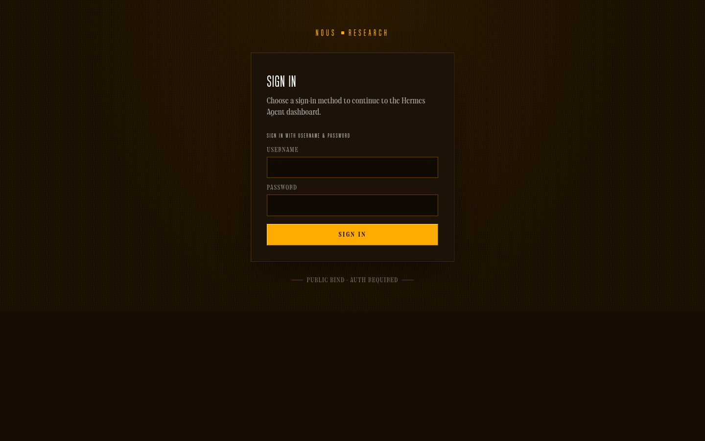 Schermata di login della dashboard Hermes Agent